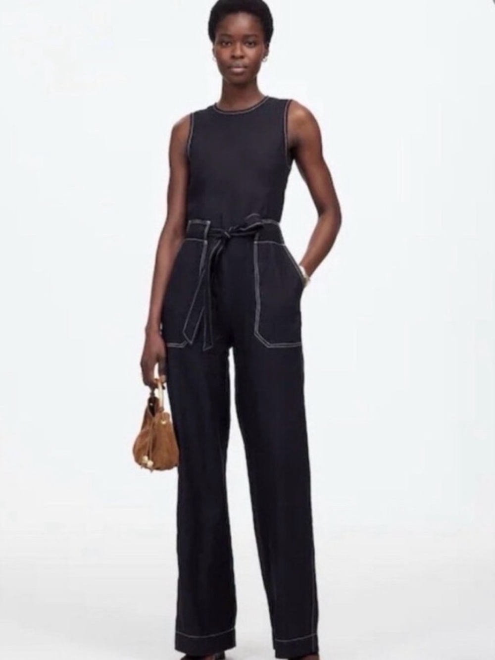 Madewell Relaxed Linen Jumpsuit With Contrast Stitching and Tie